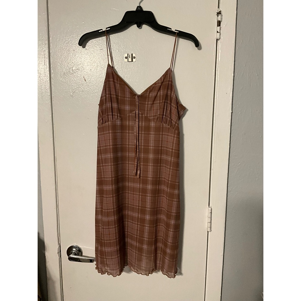 Ultra Flirt Brown Plaid Mesh Mini Dress Spaghetti Strap Lettuce Hem RK516042 L‎